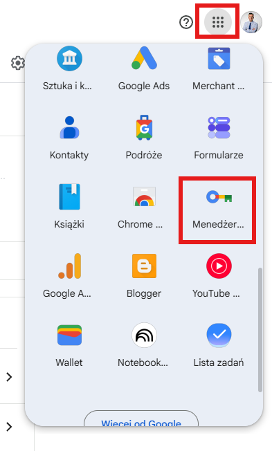 Menedżer haseł Google w menu aplikacji Google