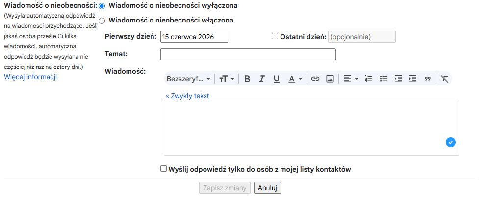 Jak włączyć autoresponder Gmail — ustawienia wiadomości o nieobecności