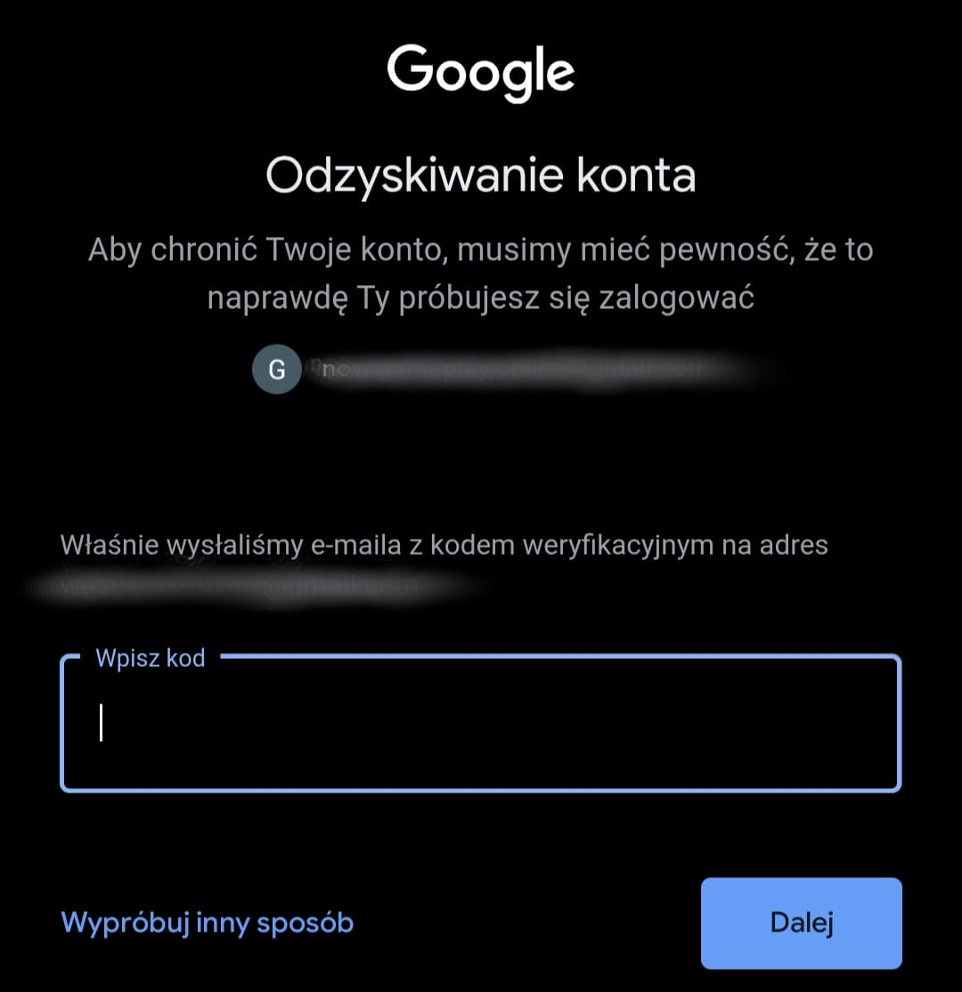 Odzyskiwanie konta Google i wpisywanie kodu weryfikacyjnego podczas logowania do Gmaila