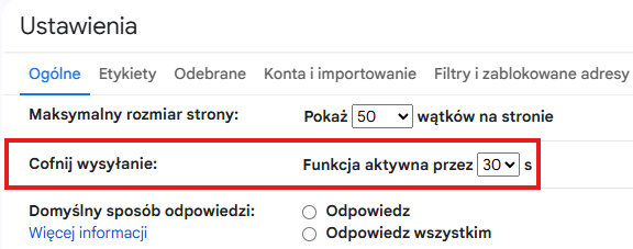 Ustawienie okresu anulowania wysyłania w Gmailu na 30 sekund