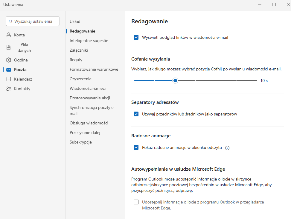 Poczta Windows Outlook dla Windows cofanie wysyłania wiadomości e-mail 10 sekund