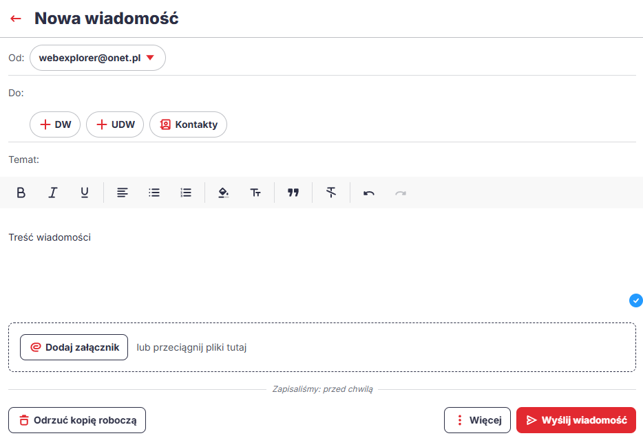 Jak wysłać wiadomość w Poczta WP — okno redagowania e-maila