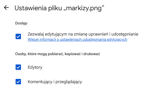 Google Drive — dodatkowe ustawienia udostępniania pliku
