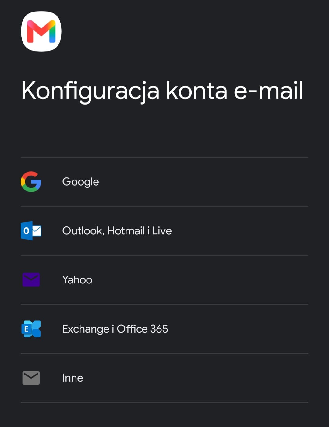 Konfiguracja konta e-mail w aplikacji Gmail — wybór konta Google lub innego dostawcy poczty