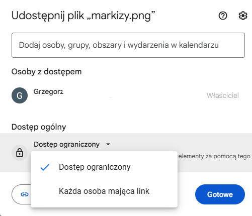 Google Drive — panel Kto ma dostęp do udostępnionego pliku