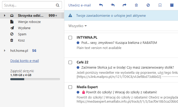 Poczta home.pl po zalogowaniu – tworzenie nowej wiadomości e-mail