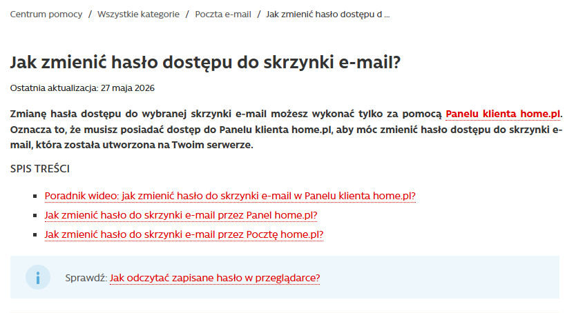 Poczta home.pl – opcja Nie pamiętasz hasła pod formularzem logowania