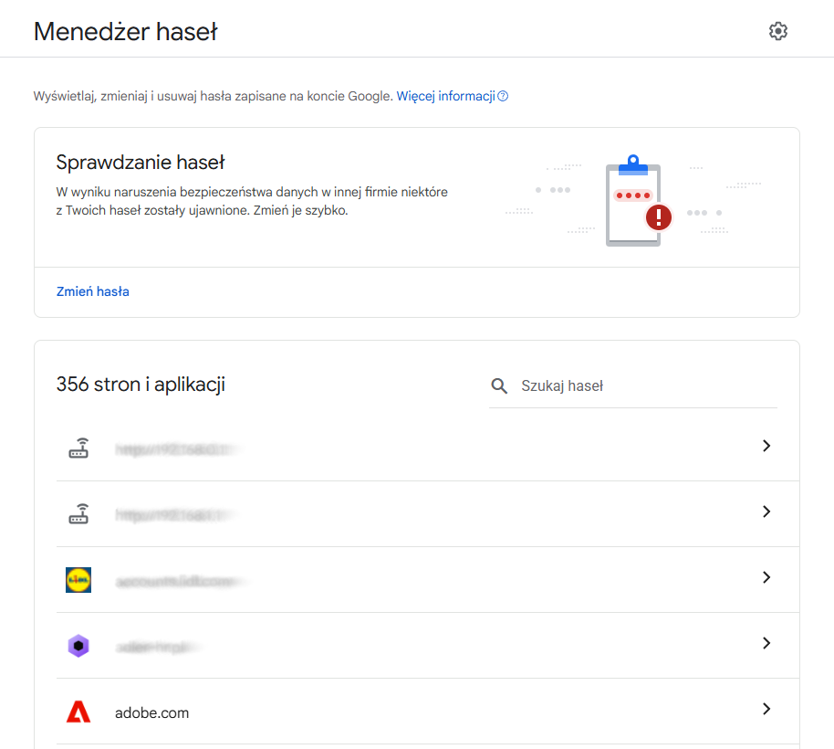 Lista zapisanych haseł w Menedżerze haseł Google