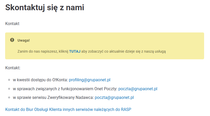 Onet Poczta kontakt – adres poczta@grupaonet.pl do pomocy technicznej