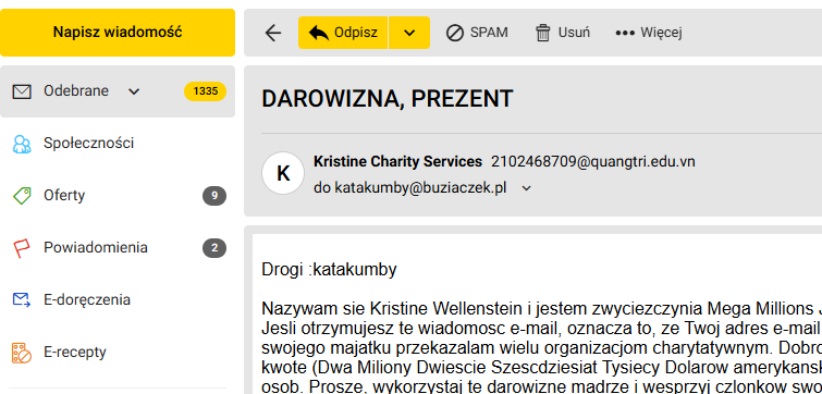 Poczta Onet — otwarta wiadomość z załącznikiem i przycisk Usuń