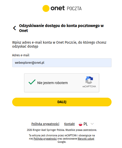Odzyskiwanie hasła Onet Poczta - wpisanie adresu e-mail