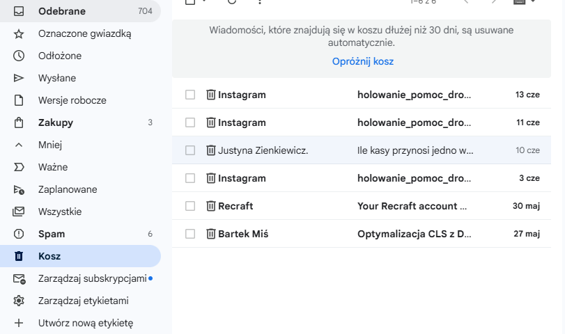 Opróżnianie kosza w Gmail po usunięciu wiadomości