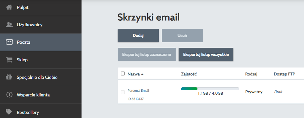 Panel Klienta home.pl – sekcja Poczta z listą skrzynek e-mail