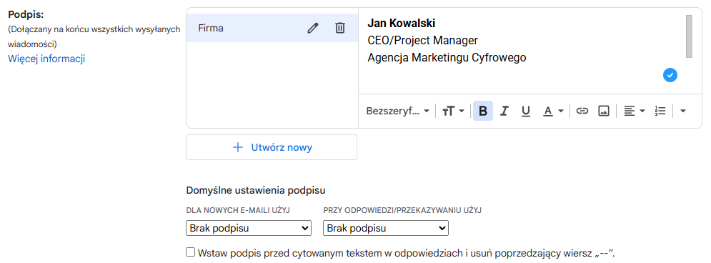 Edytor podpisu Gmail z polem do wpisania treści stopki