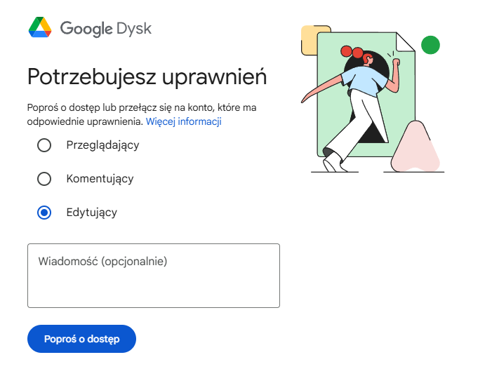 Google Drive — komunikat Potrzebujesz uprawnień po otwarciu pliku bez dostępu
