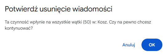 Jak usunąć wszystkie maile z Gmail — potwierdzenie usunięcia wiadomości