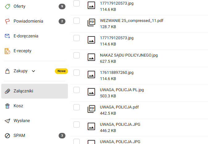 Sekcja Załączniki w Poczta Onet — lista plików z wiadomości e-mail