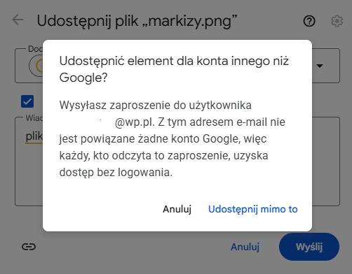 Google Drive — udostępnianie pliku użytkownikowi spoza konta Google
