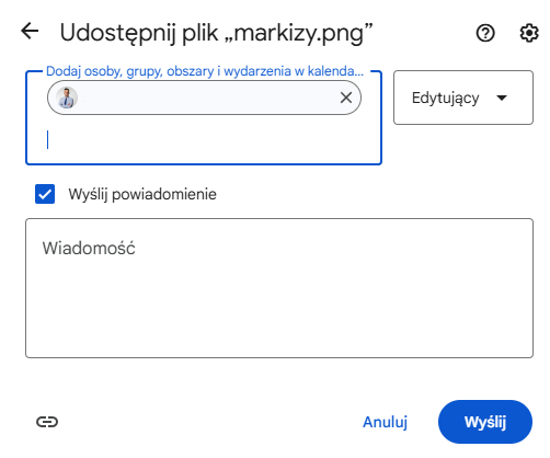 Google Drive — udostępnianie pliku użytkownikowi z kontem Google