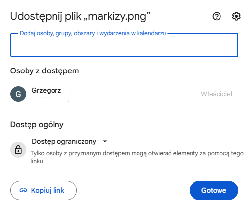 Google Drive — podstawowe okno udostępniania pliku lub folderu