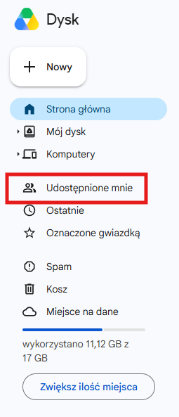Google Drive — sekcja Udostępnione mnie z plikami przekazanymi przez innych