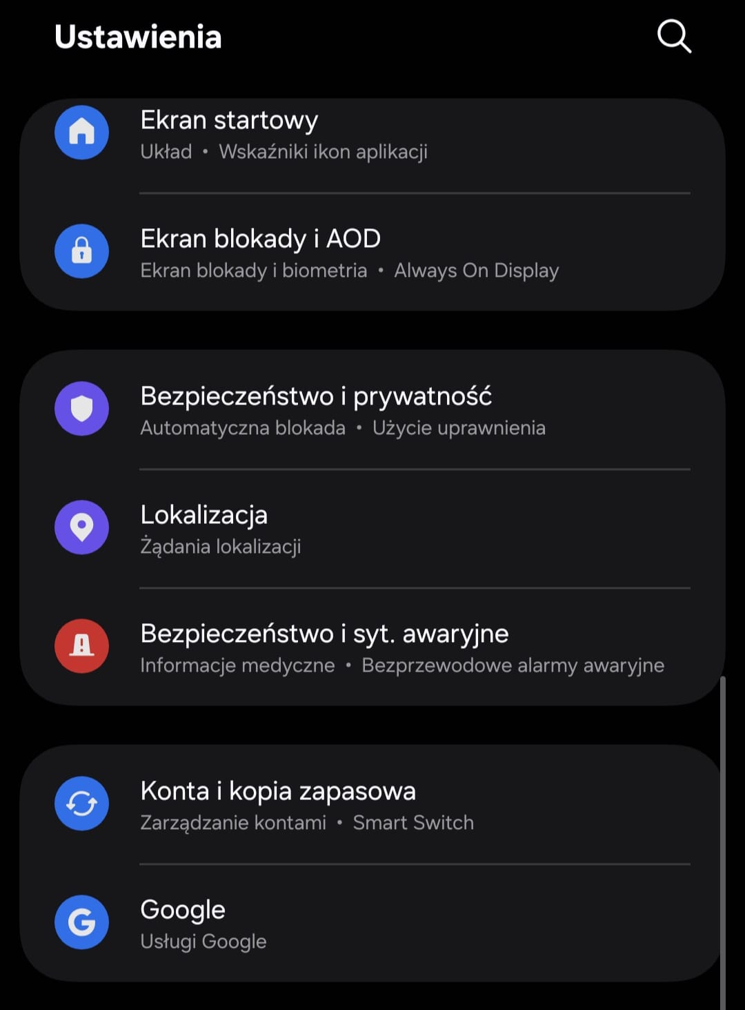 Ustawienia Androida — sekcja Konta i kopia zapasowa na telefonie Samsung