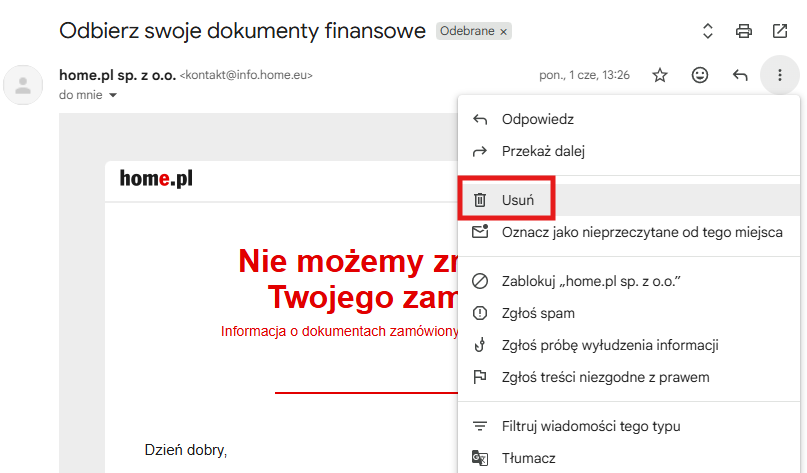 Usuwanie wiadomości e-mail z Gmail z poziomu otwartej wiadomości