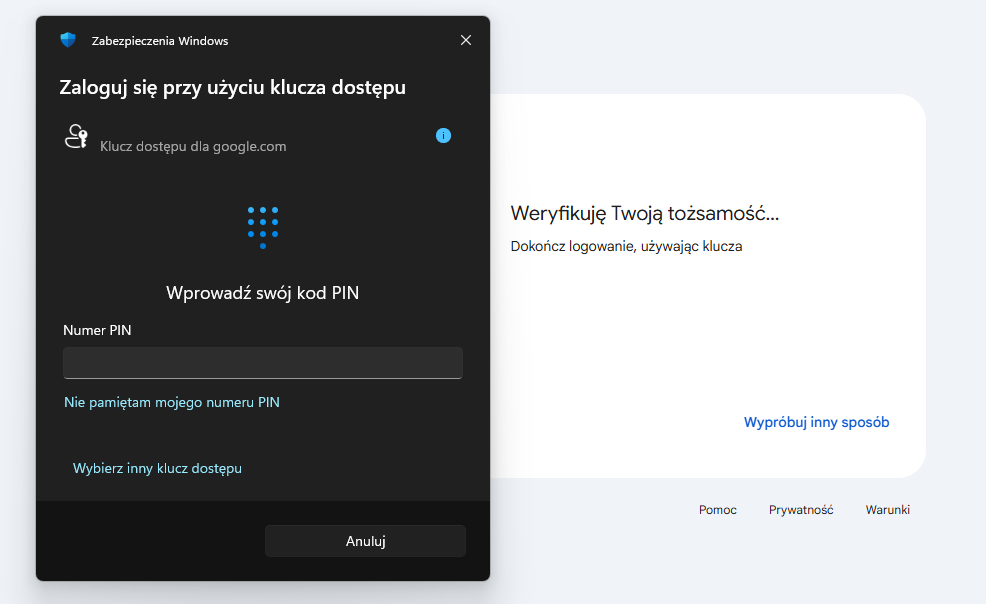 Weryfikacja tożsamości przed odczytaniem hasła Google