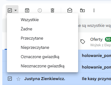 Jak usunąć wszystkie maile z Gmail — wybór rodzaju zaznaczanych wiadomości