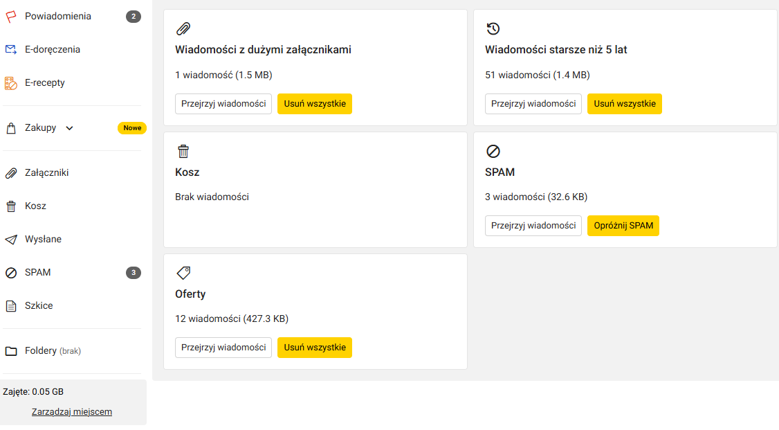 Zarządzanie miejscem w Poczta Onet — wiadomości z dużymi załącznikami