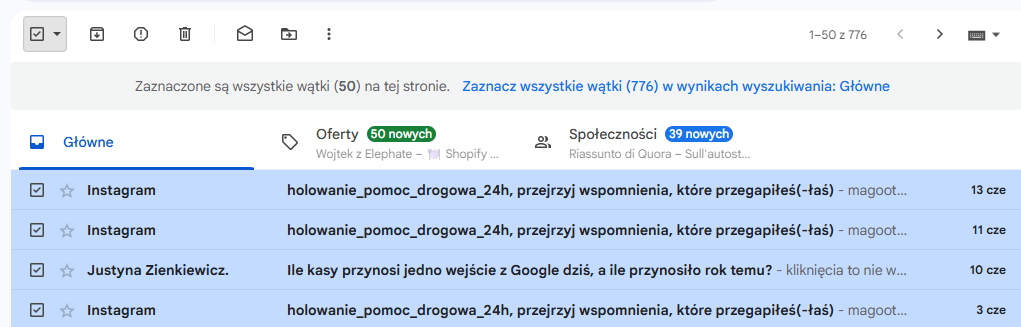Jak usunąć wszystkie maile z Gmail — zaznaczanie wiadomości