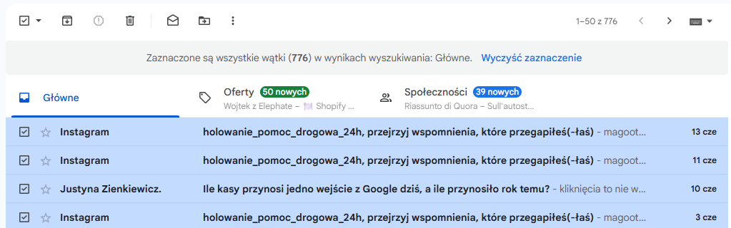 Jak usunąć wszystkie maile z Gmail — zaznaczono wszystkie wątki