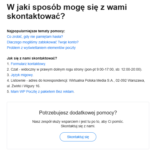 Poczta WP kontakt – formularz, czat i sposoby kontaktu z pomocą WP