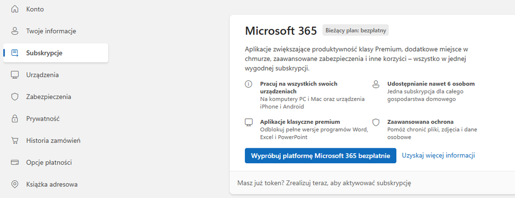 Jak aktywować Microsoft 365 – token w sekcji Subskrypcje konta Microsoft