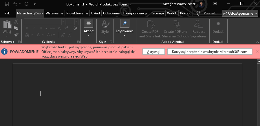 Microsoft Word bez licencji – komunikat o konieczności aktywacji Microsoft 365