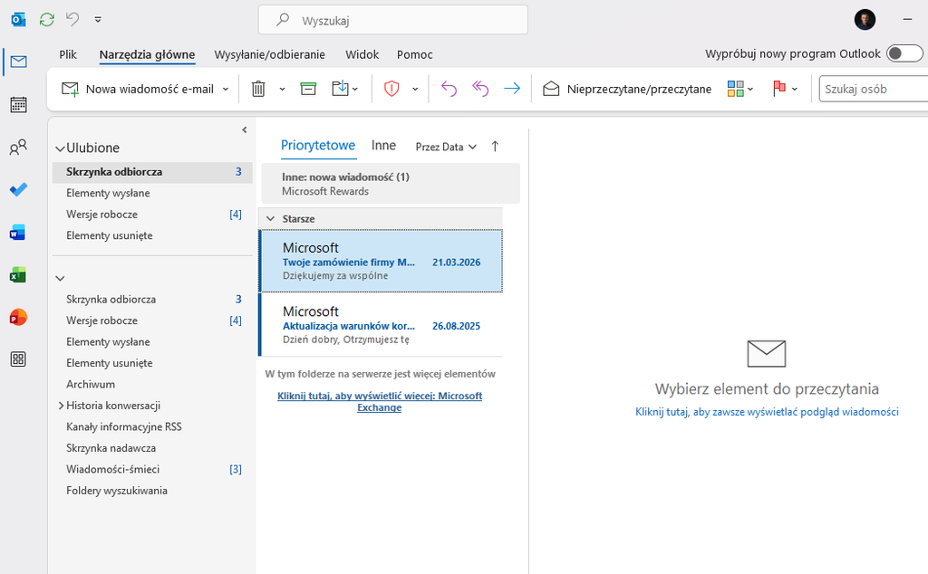 Outlook klasyczny w Microsoft 365 – przełącznik Wypróbuj nowy program Outlook