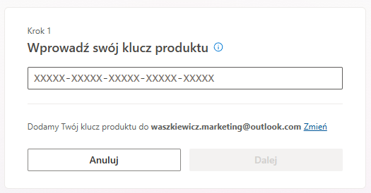 Jak aktywować Microsoft 365 kluczem produktu – formularz do wpisania tokenu