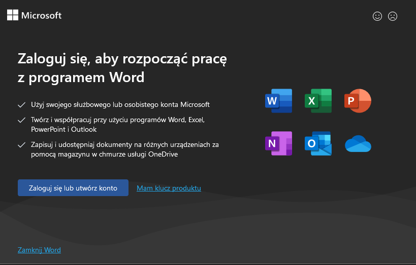 Aktywacja Microsoft 365 – logowanie do Worda lub opcja Mam klucz produktu