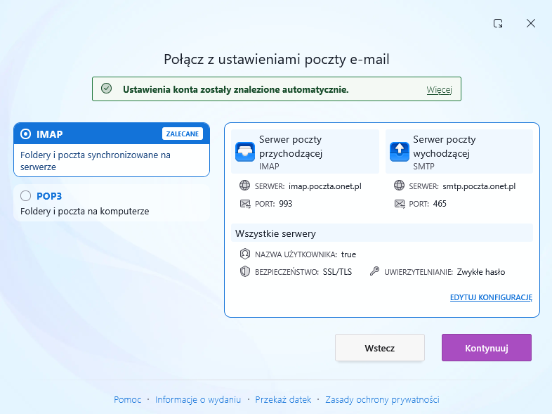 Automatycznie wykryte ustawienia IMAP i SMTP Poczty Onet w Thunderbirdzie