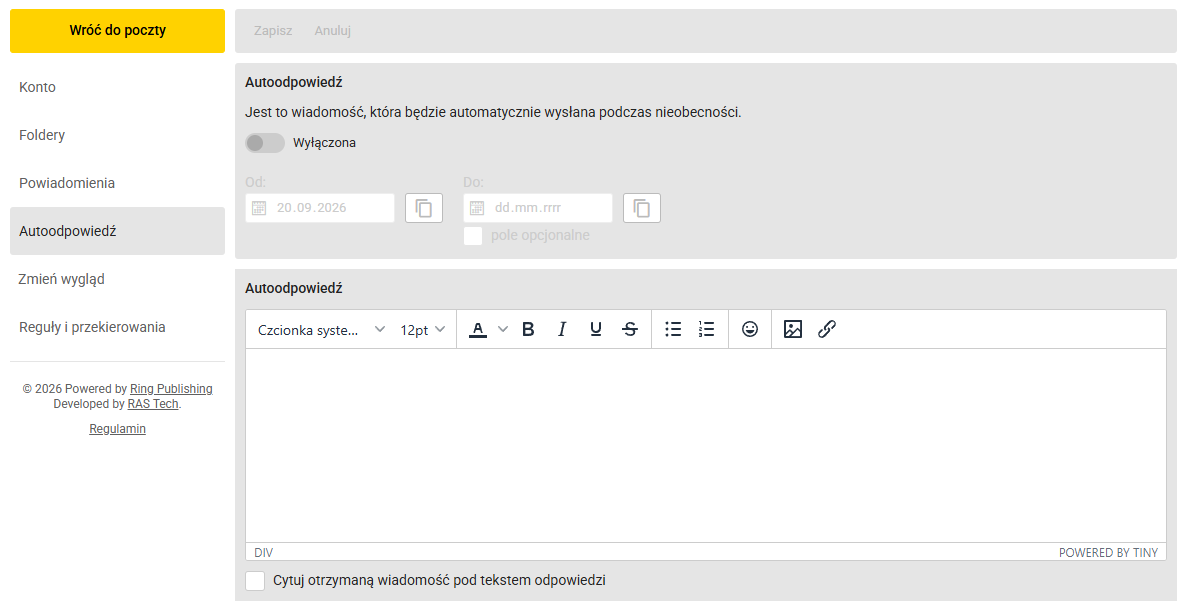 Ustawienia autorespondera i automatycznej odpowiedzi w Poczcie Onet