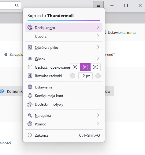 Przycisk Dodaj konto na pasku nawigacji programu Thunderbird