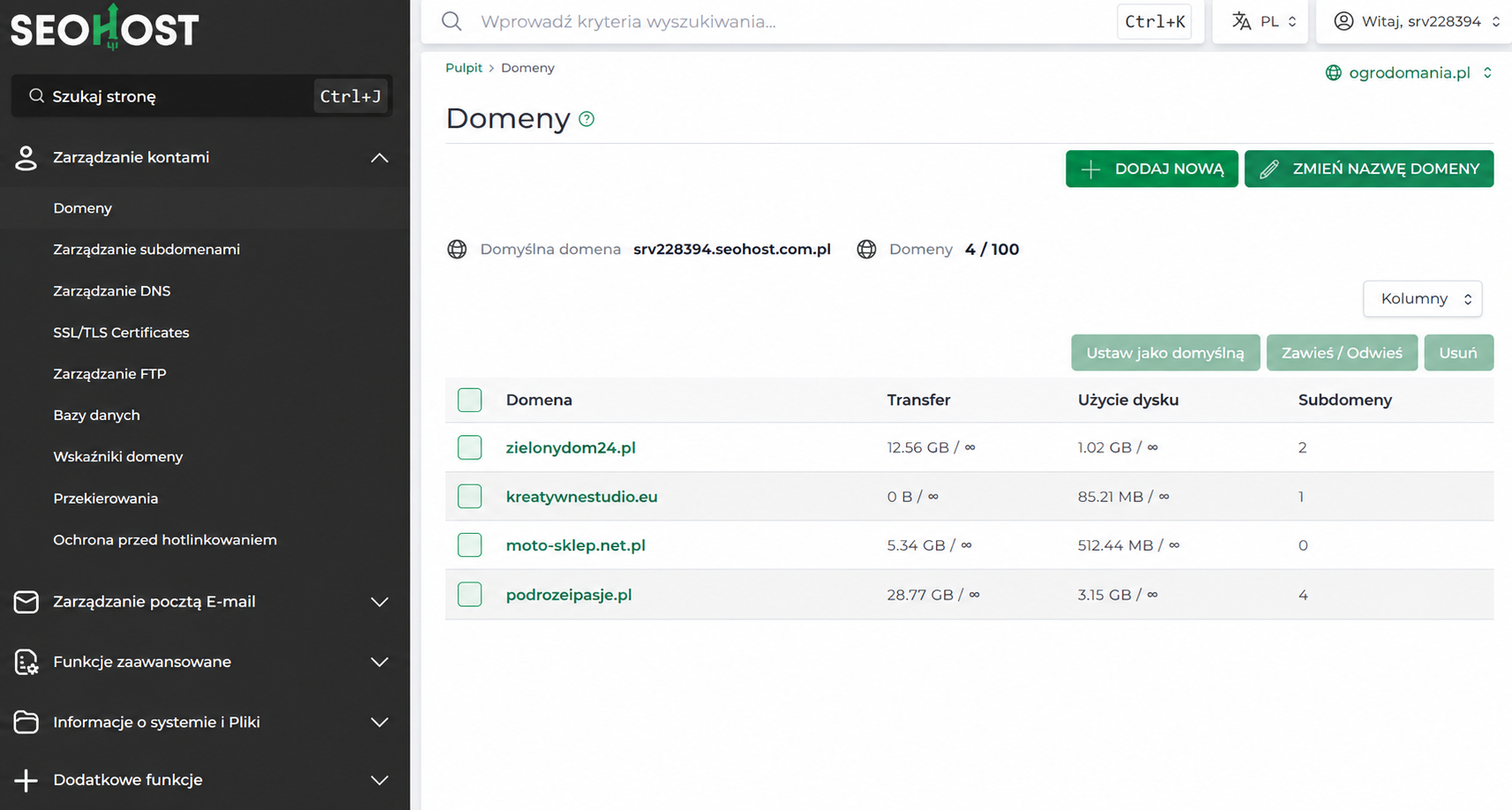Lista domen na hostingu SEOHOST w panelu DirectAdmin i przycisk Dodaj nową