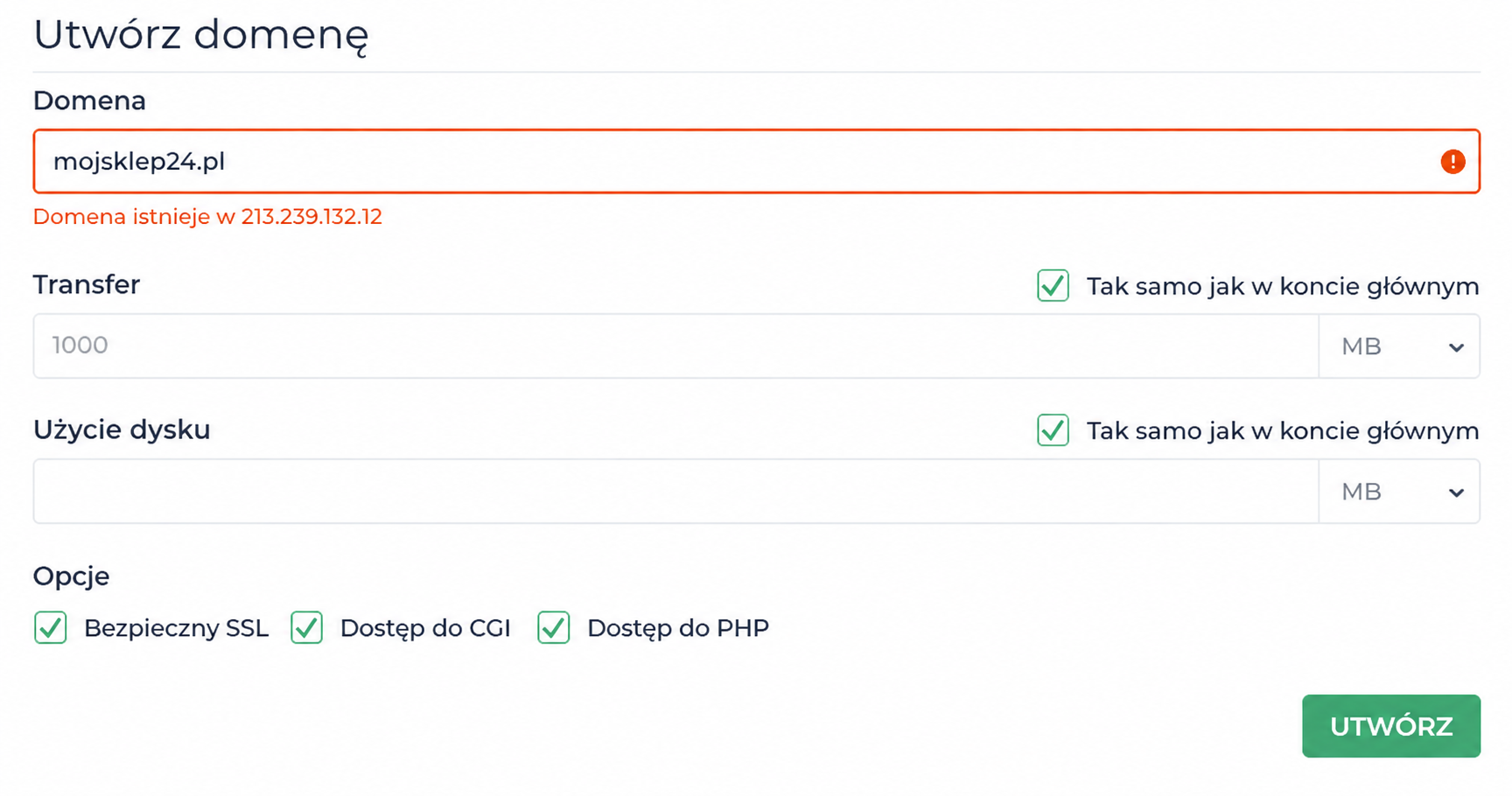 Formularz dodawania nowej domeny do hostingu SEOHOST w DirectAdmin