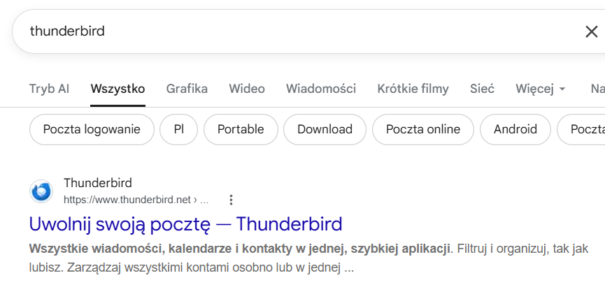 Wyszukiwanie programu Thunderbird w Google