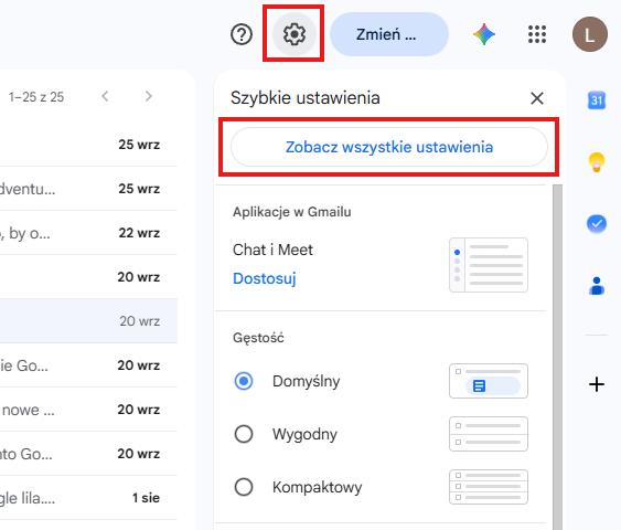 Ustawienia podpisu HTML Gmail – koło zębate i Zobacz wszystkie ustawienia