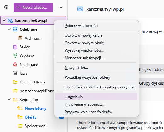 Menu konta i ustawienia w Thunderbird