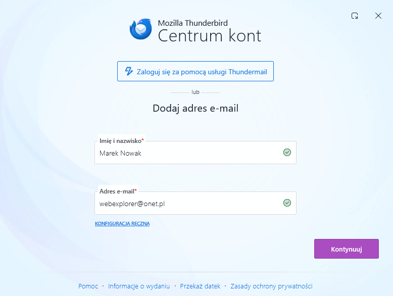 Dodawanie adresu Poczty Onet w konfiguratorze Thunderbird