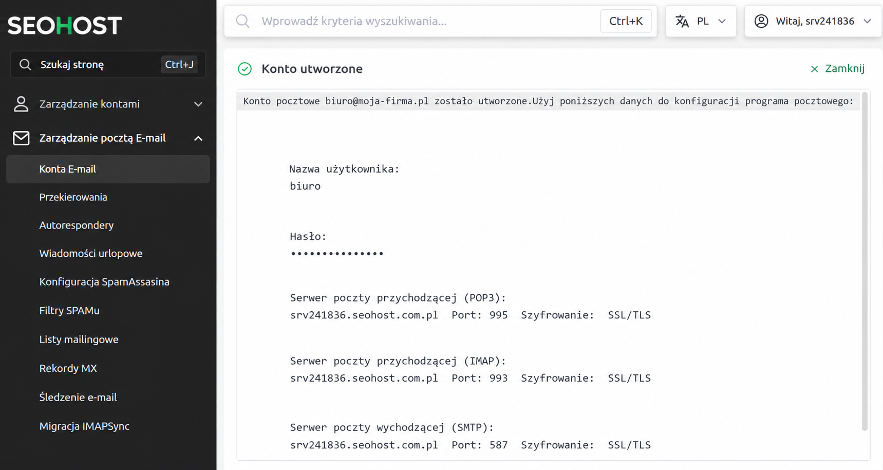 Konto e-mail utworzone w SEOHOST i dane IMAP POP3 SMTP