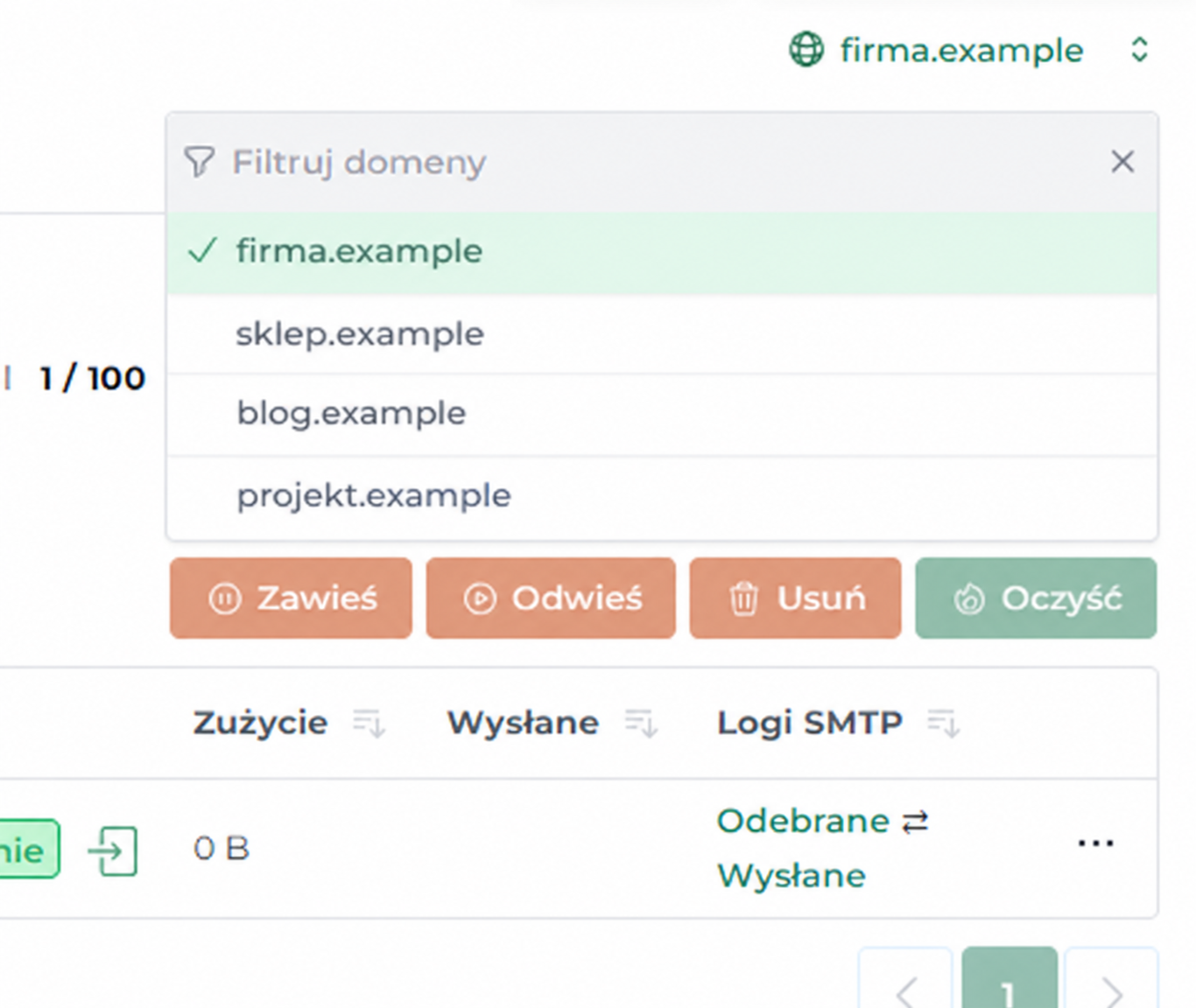 Lista domen DirectAdmin przed utworzeniem konta e-mail we własnej domenie