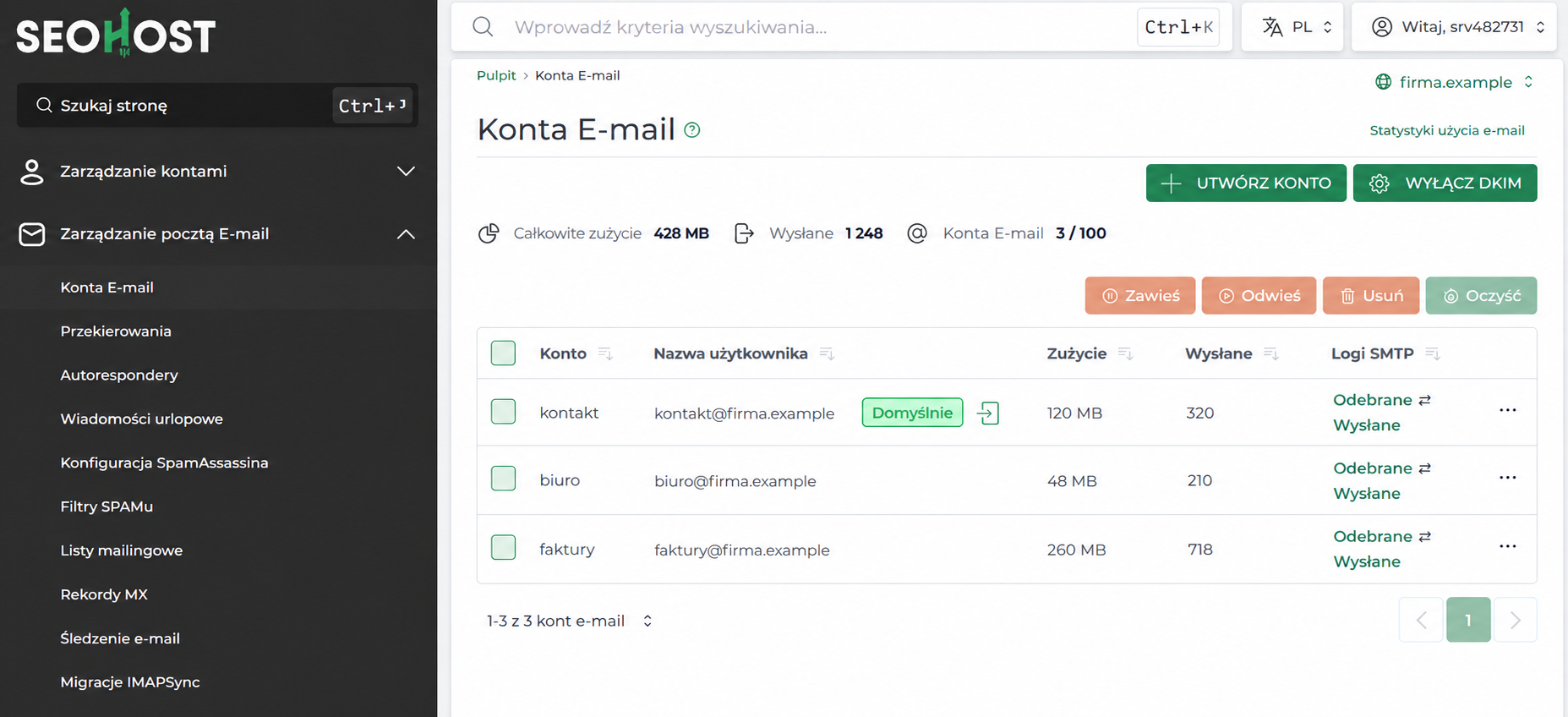 Lista kont e-mail i przycisk tworzenia nowej skrzynki w DirectAdmin